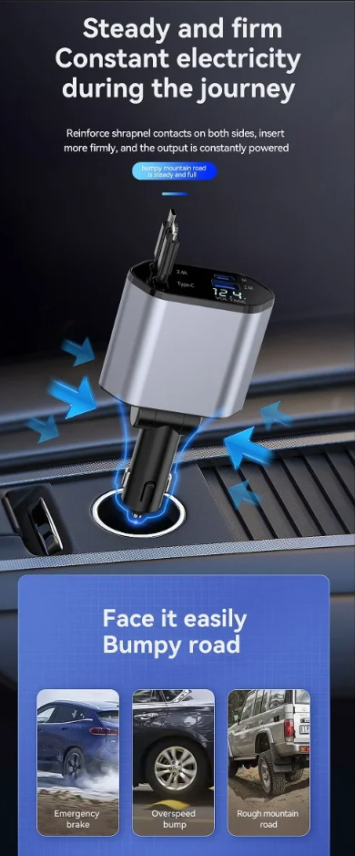 π 4-in-1 Retractable Car Charger β Fast, Compact & Versatile