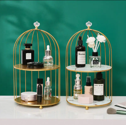 Two-Layer Birdcage Style Storage Shelf – Elegant Golden Organizer