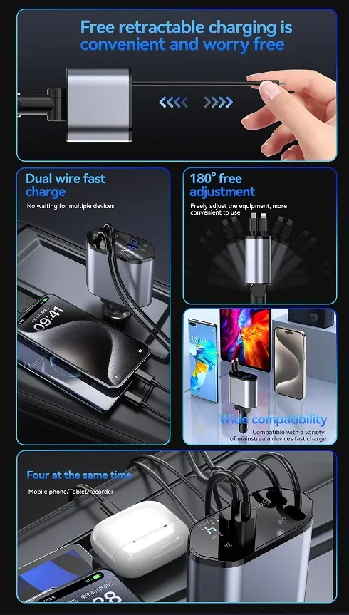 π 4-in-1 Retractable Car Charger β Fast, Compact & Versatile