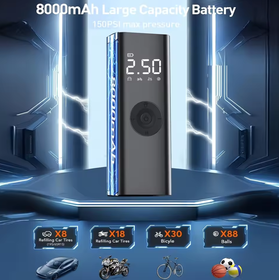 π Multifunctional Portable Air Compressor with 2,000mAh Battery β Inflate, Illuminate, and Power Up!