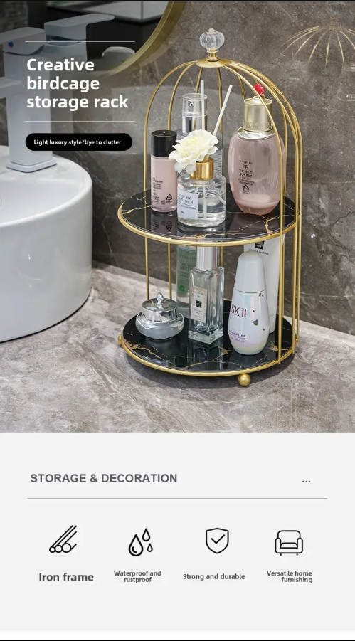 Two-Layer Birdcage Style Storage Shelf – Elegant Golden Organizer