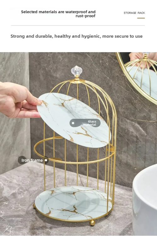 Two-Layer Birdcage Style Storage Shelf – Elegant Golden Organizer