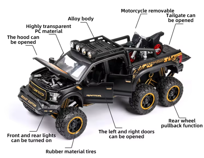 π Diecast 1:24 Scale Ford Raptor 6x6 β Ultimate Off-Road Beast