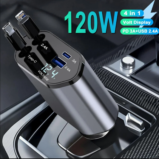 🚗 4-in-1 Retractable Car Charger – Fast, Compact & Versatile