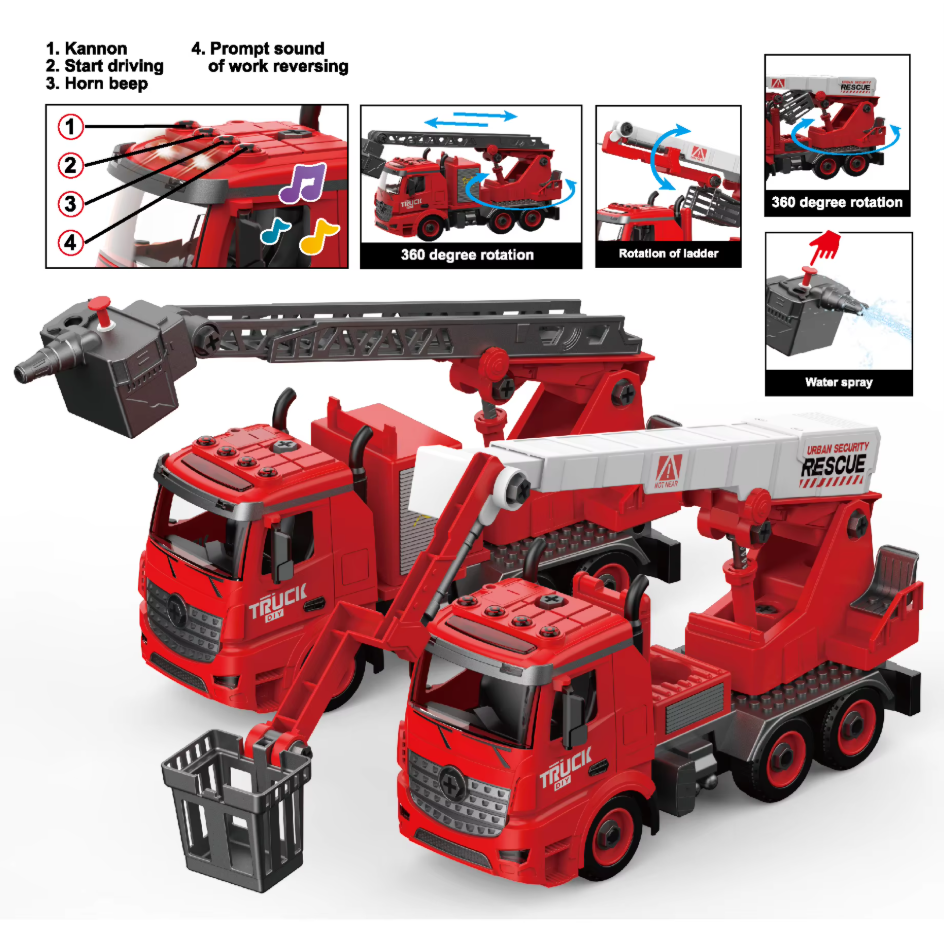 🚒 Fire Brigade Rescue Truck Building Set – Lights, Sounds & Water Spray