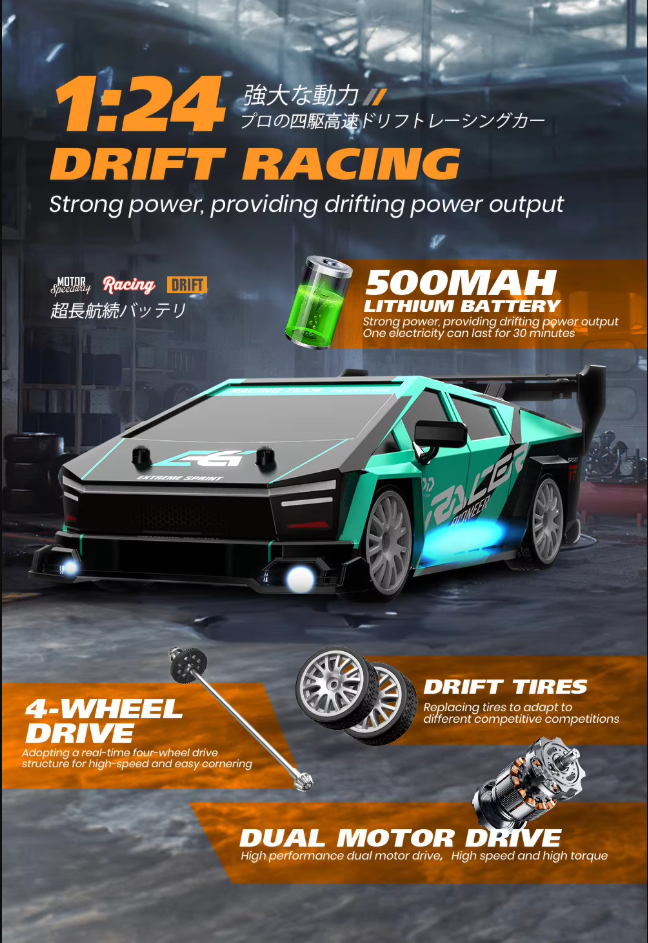 🏎️ 1:24 Drift Racing RC Car – Dual Motor 4WD with LED Lights & Replaceable Tires