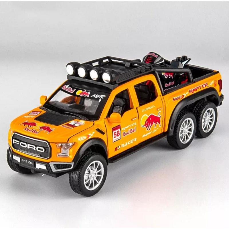 Red Bull Diecast Ford Raptor F150 6X6 Pickup Metal Model Pull Back With Light & Sound