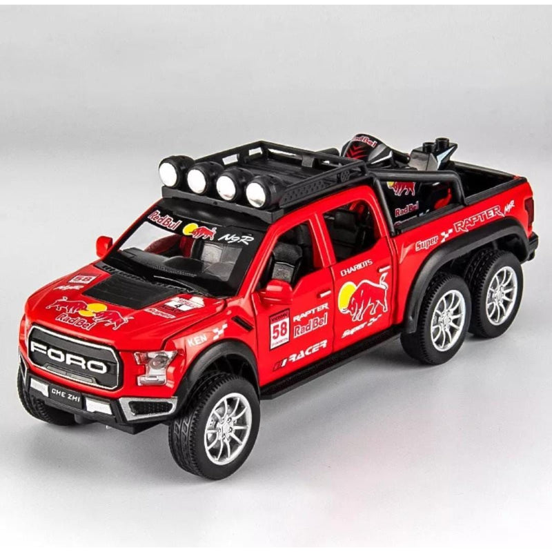 Red Bull Diecast Ford Raptor F150 6X6 Pickup Metal Model Pull Back With Light & Sound