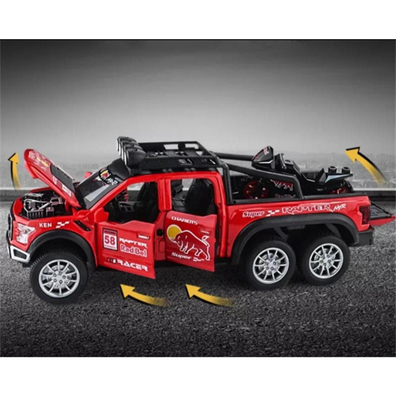 Red Bull Diecast Ford Raptor F150 6X6 Pickup Metal Model Pull Back With Light & Sound