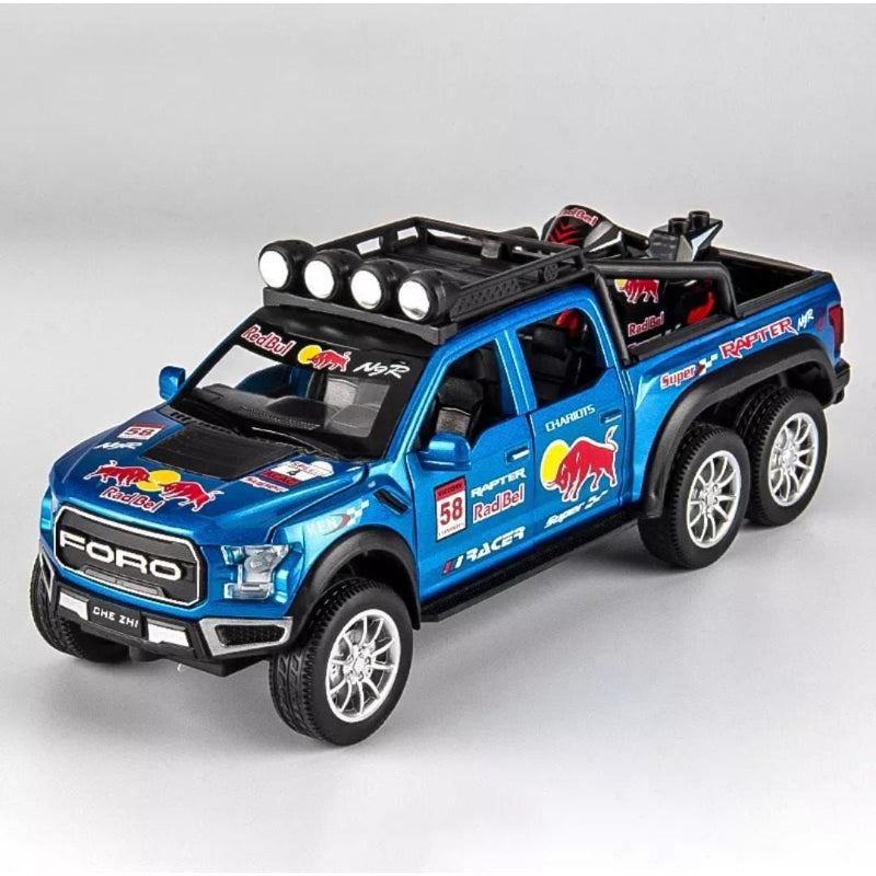 Red Bull Diecast Ford Raptor F150 6X6 Pickup Metal Model Pull Back With Light & Sound