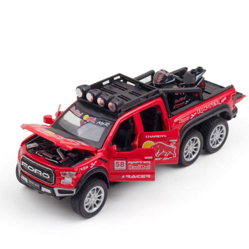 Red Bull Diecast Ford Raptor F150 6X6 Pickup Metal Model Pull Back With Light & Sound