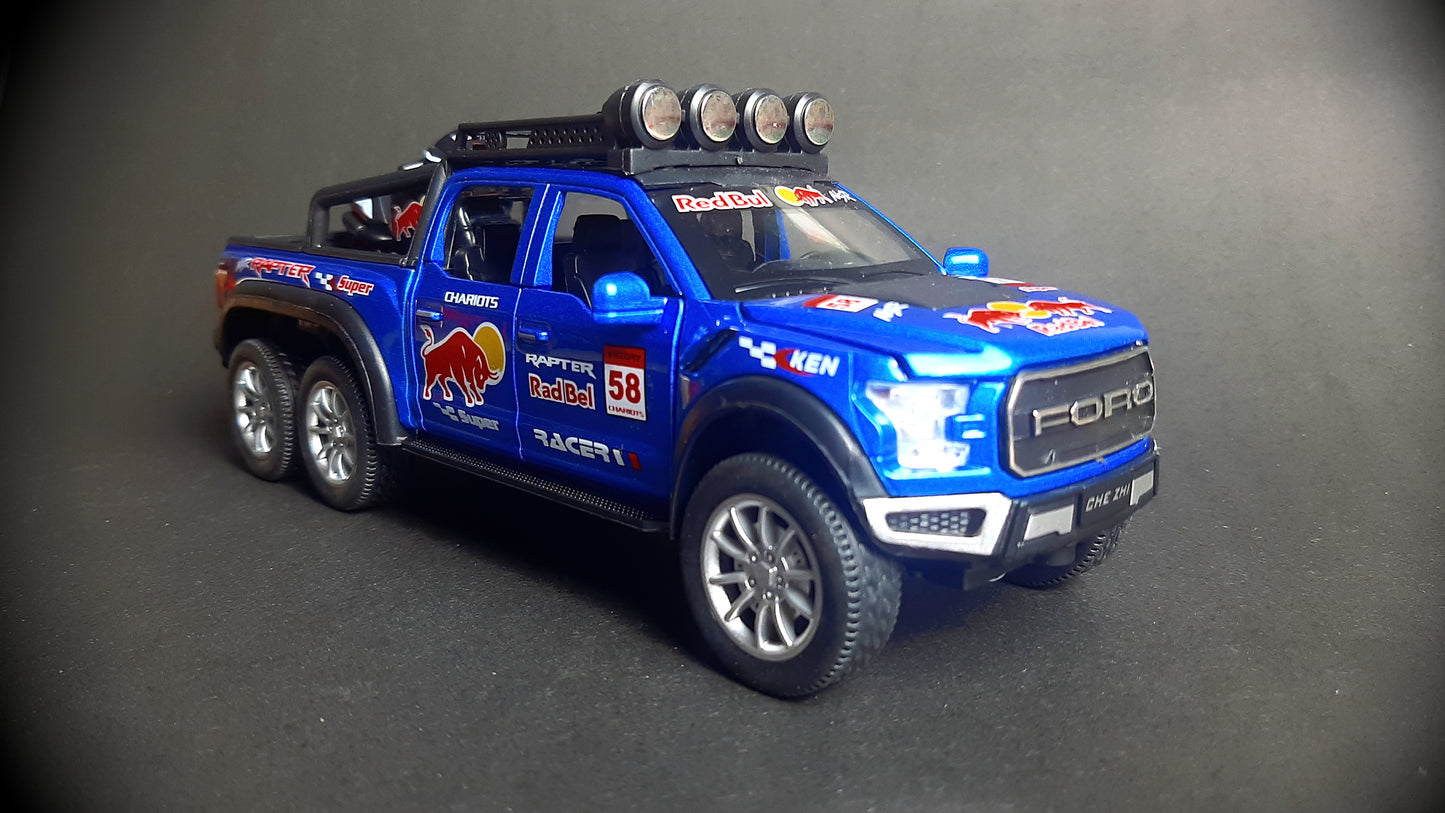 Red Bull Diecast Ford Raptor F150 6X6 Pickup Metal Model Pull Back With Light & Sound