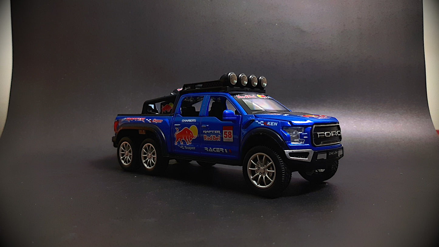 Red Bull Diecast Ford Raptor F150 6X6 Pickup Metal Model Pull Back With Light & Sound