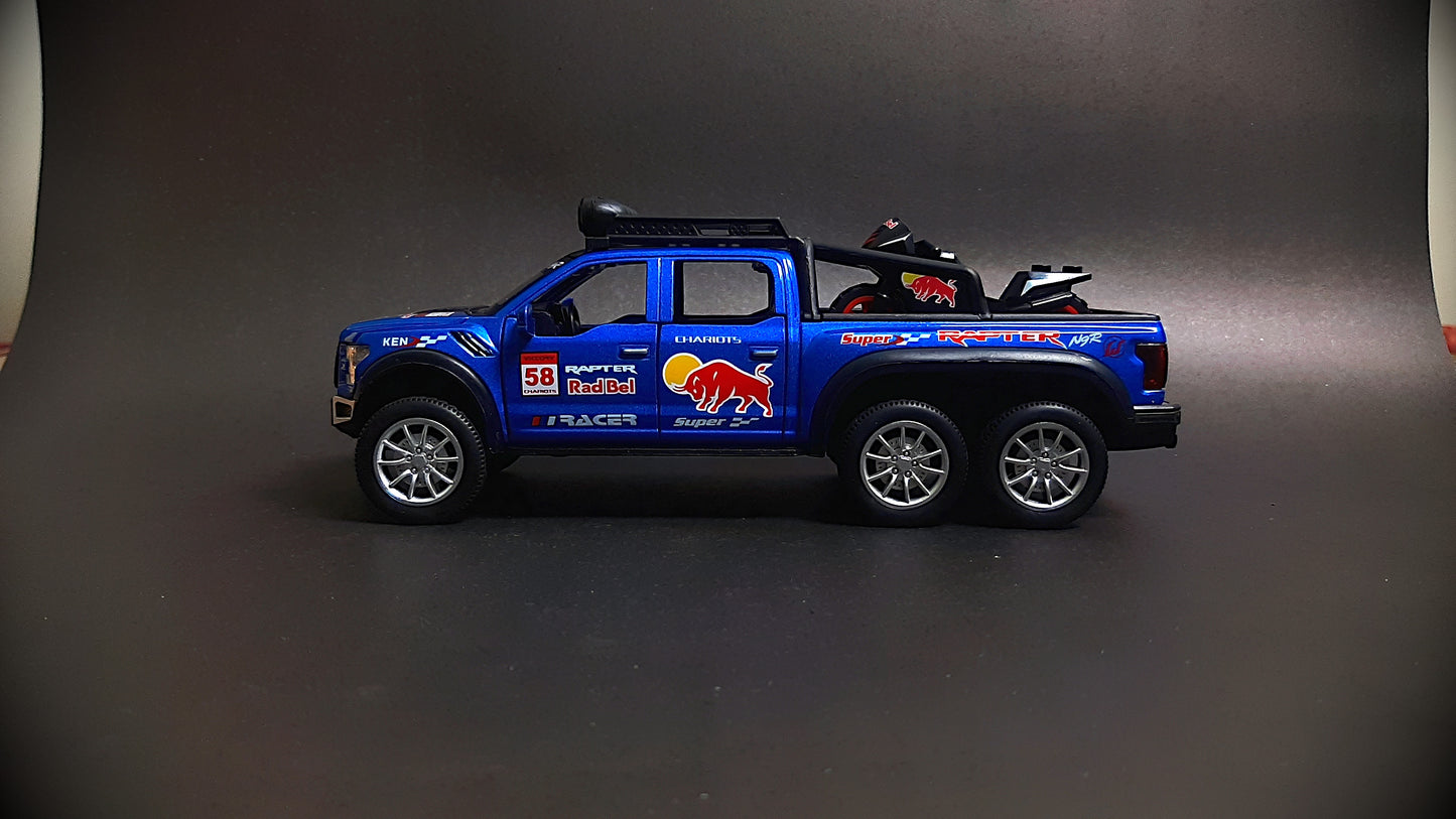 Red Bull Diecast Ford Raptor F150 6X6 Pickup Metal Model Pull Back With Light & Sound