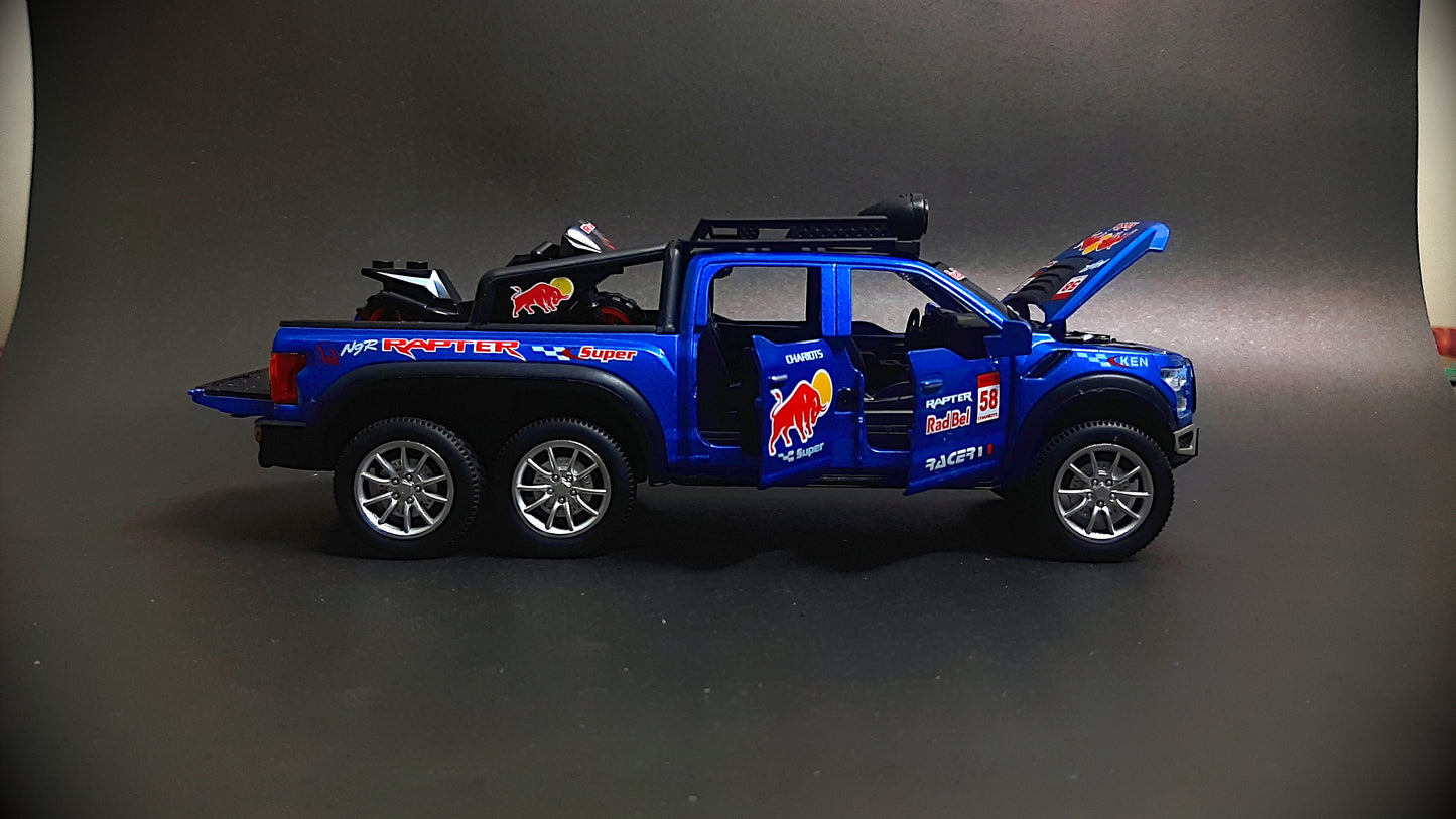 Red Bull Diecast Ford Raptor F150 6X6 Pickup Metal Model Pull Back With Light & Sound