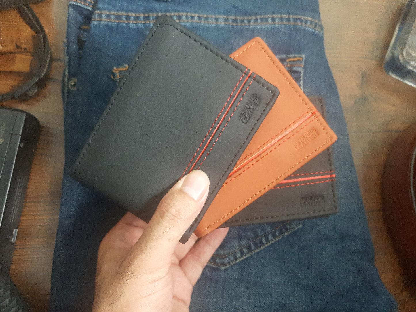 Genuine Leather Wallet with Red Strip