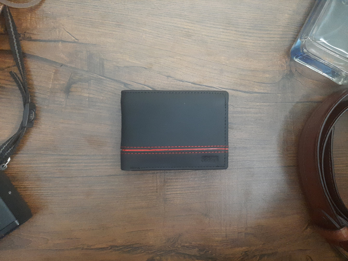 Genuine Leather Wallet with Red Strip